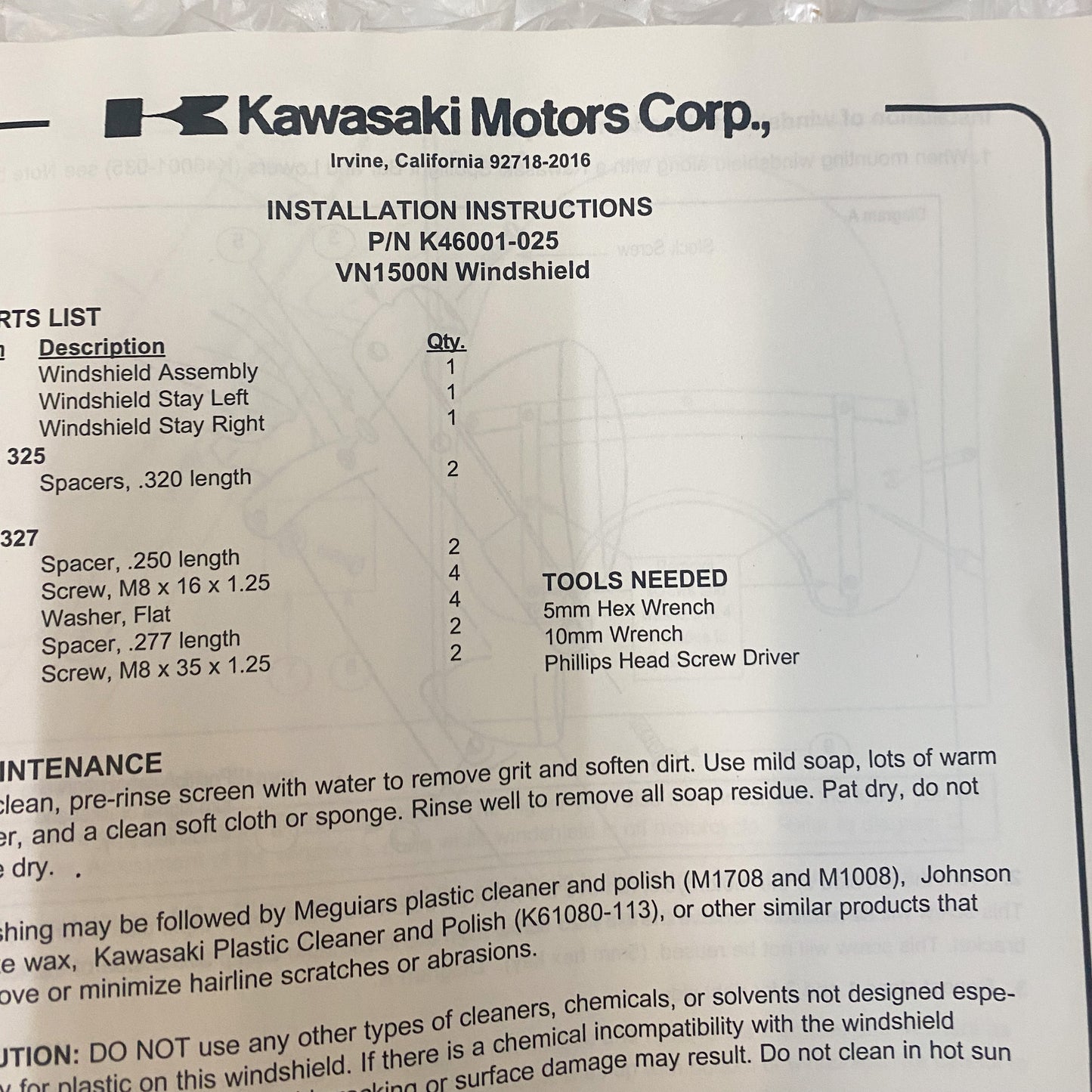 Kawasaki Vulcan VN1500N Adj Windscreen K46001-025